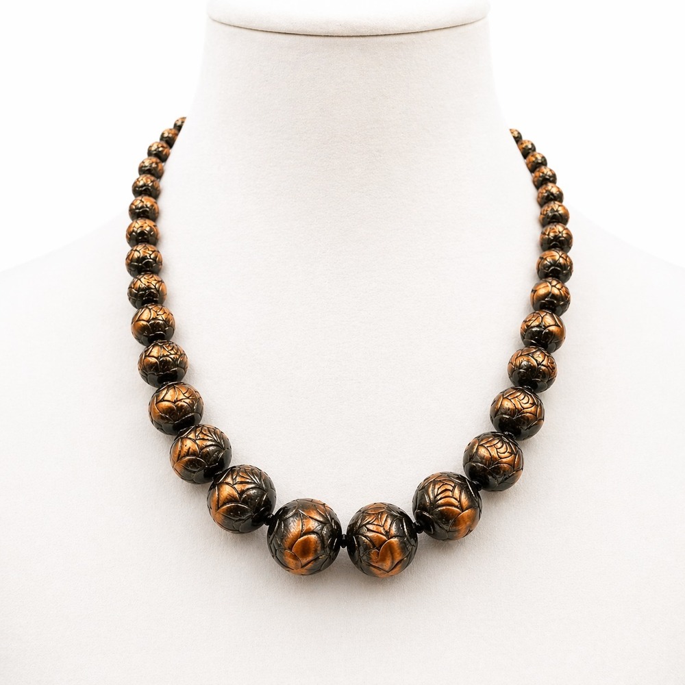 Vintage‎ Brass Carved Bead Necklace Chunky Boho Statement Copper Tone 22"